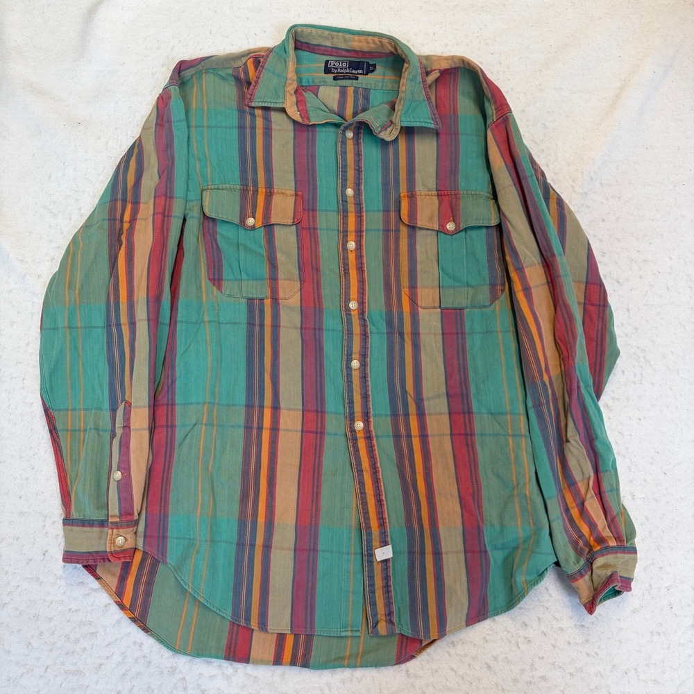 VTG Polo Ralph Lauren Button Down Shirt Mens XL Green Plaid Long Sleeve Cotton